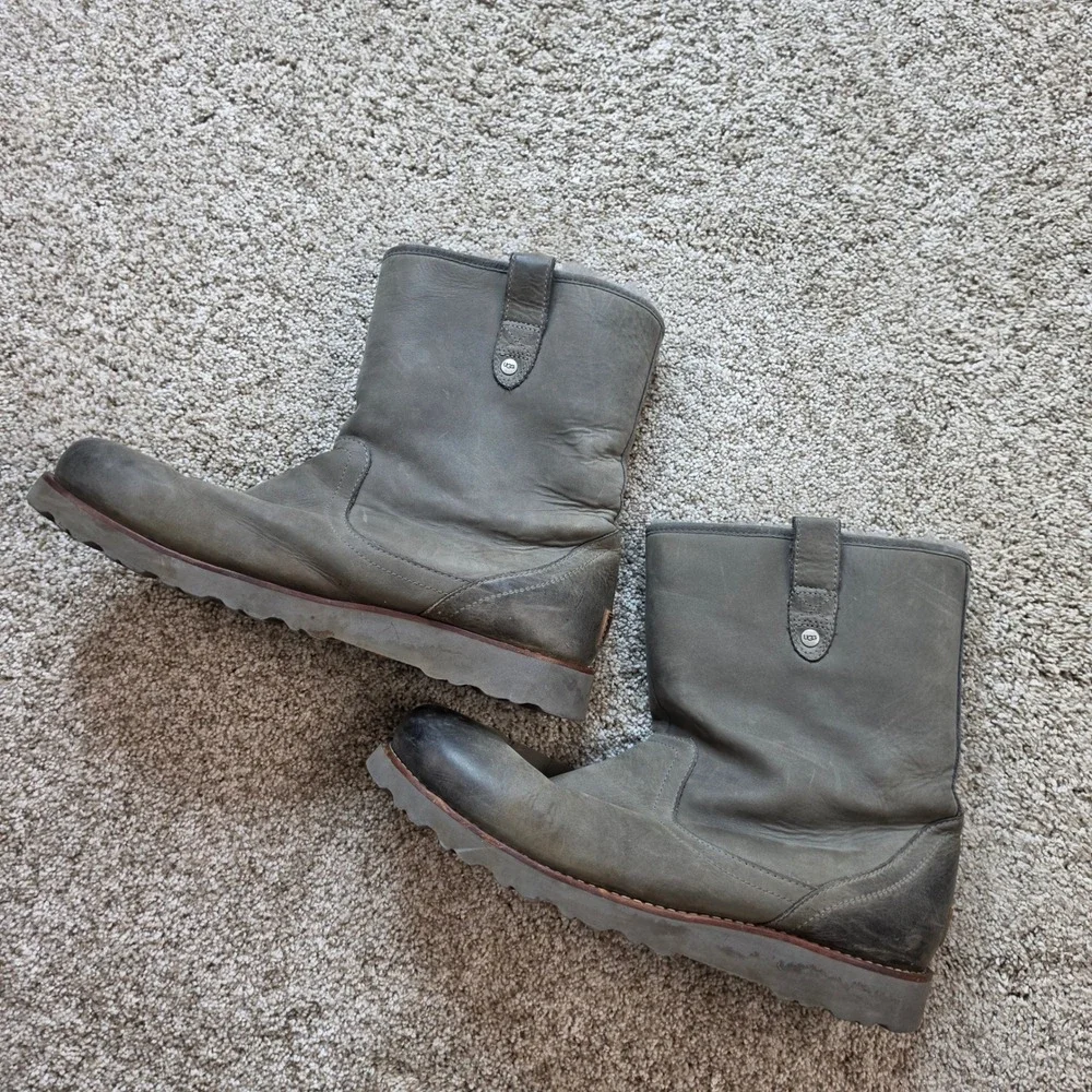 UGG Hannen Men 12 Waterproof Gray Leather Sheepskin Vibram Pull On Boots 1001594